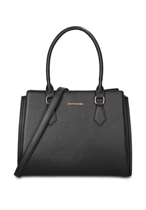 Borsa strutturata nera con doppi manici superiori, tracolla lunga e logo del marchio in tonalità oro al centro davanti.