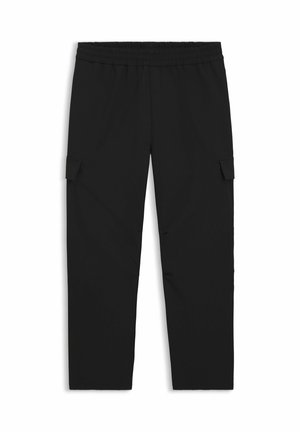 Black cargo pants made of soft fabric, featuring an elastic waistband, two side pockets, and a straight-leg design.