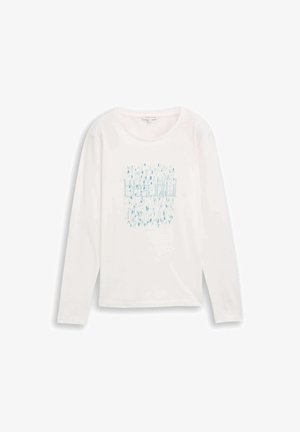 Bela majica z dolgimi rokavi bele barve, ki na sprednji strani vsebuje svetlo modro grafiko z besedo "lepa" in abstraktnimi oblikami vodnih kapljic.