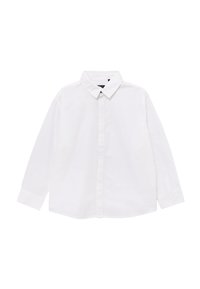 Camisa blanca de manga larga con cuello puntiagudo y tapeta oculta, colocada plana sobre un fondo blanco.