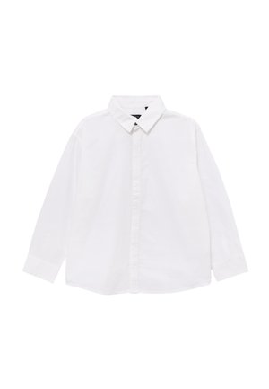 Camisa blanca de manga larga con cuello puntiagudo y tapeta oculta, colocada plana sobre un fondo blanco.