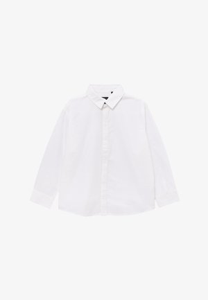 Camicia bianca a maniche lunghe con colletto a punta e placket nascosto, adagiata su uno sfondo bianco.