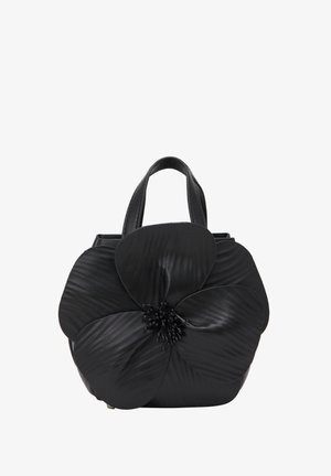 Black handbag made of textured leather, featuring a large flower detail on the front with beaded accents and short handles.