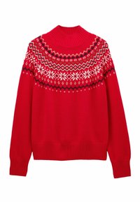 Red knitted sweater with high ribbed neck, featuring white, navy, and brown Nordic snowflake and zigzag patterns across yoke and upper sleeves.