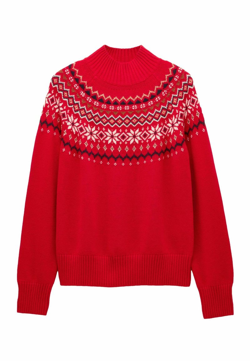 Red knitted sweater with high ribbed neck, featuring white, navy, and brown Nordic snowflake and zigzag patterns across yoke and upper sleeves.