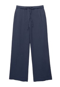 Weite marineblaue Hosen aus strukturiertem Material, ausgestattet mit einem elastischen Kordelzugbund und seitlichen Taschen für zusätzliche Funktionalität.