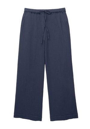 Pantaloni a gamba larga blu navy realizzati in tessuto testurizzato, dotati di vita elasticizzata con cordino e tasche laterali per una funzionalità aggiuntiva.