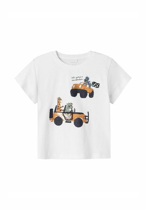 White short-sleeve t-shirt featuring an orange jeep graphic with cartoon animals, blue accents, and the text “Let's go have a new adventure.”