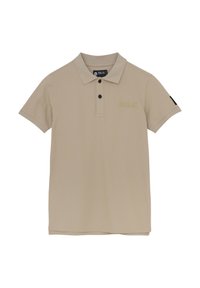 Beige polo shirt gemaakt van een gestructureerde stof. Heeft een kraag, een drieknopsluiting en een "R.L.X" logo in het geel op de borst. Zwarte accenten op de mouwen.
