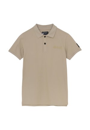 Polo beige en tissu texturé. Il présente un col, une patte de boutonnage à trois boutons et un logo "R.L.X" jaune sur la poitrine. Accent noir sur la manche.