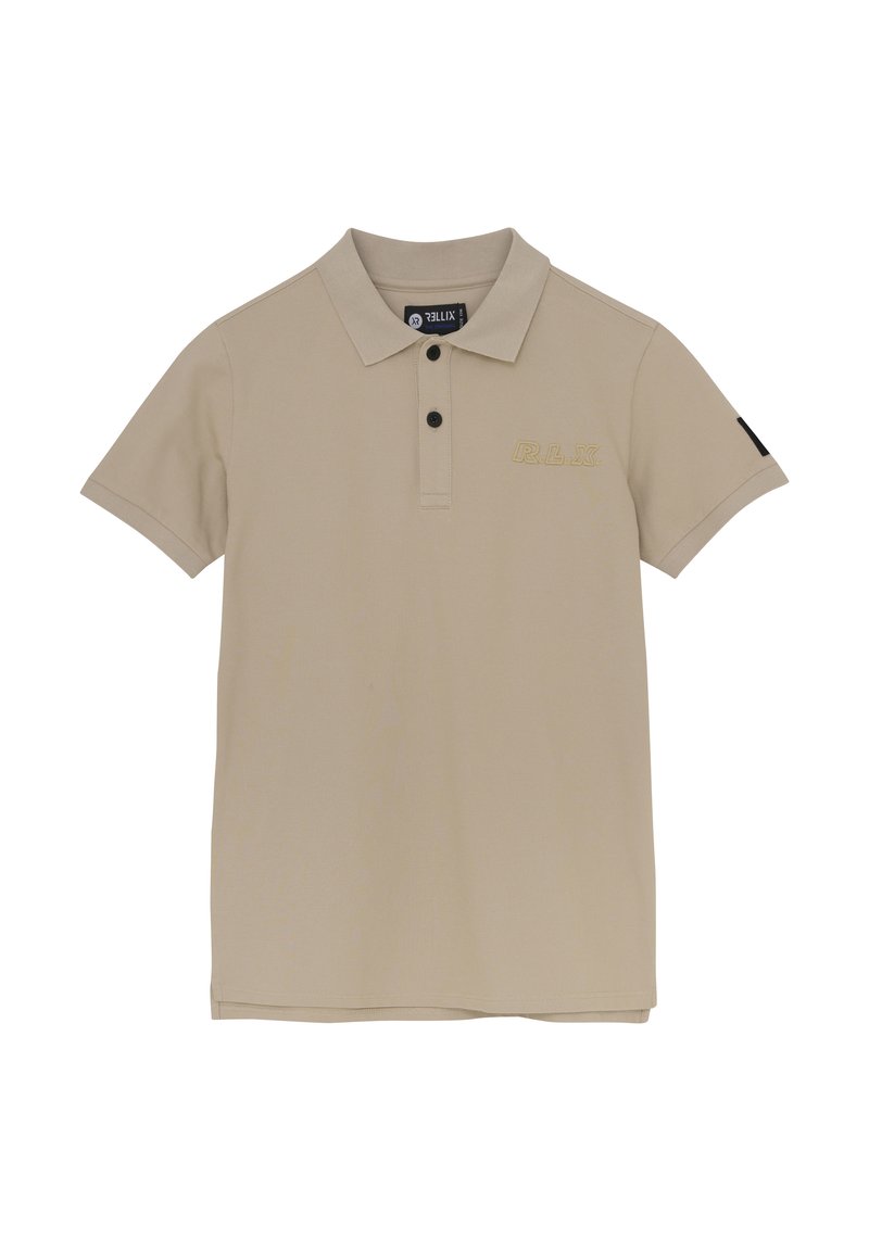 Beige polo shirt gemaakt van een gestructureerde stof. Heeft een kraag, een drieknopsluiting en een "R.L.X" logo in het geel op de borst. Zwarte accenten op de mouwen.
