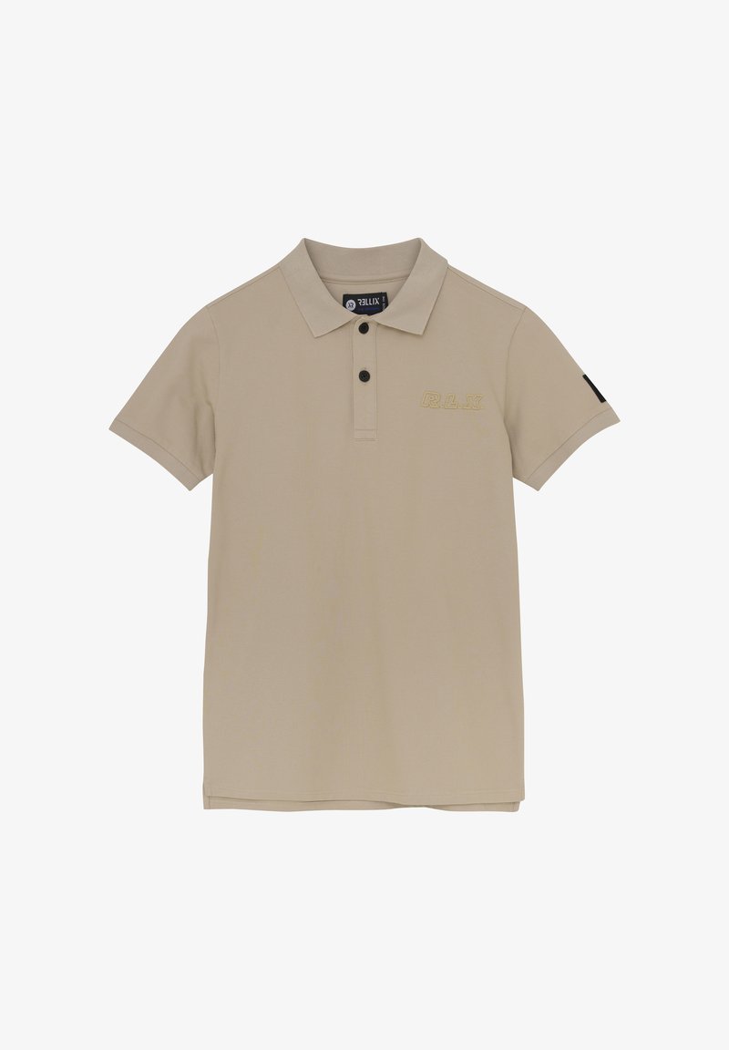 Beiges Polo-Shirt aus strukturiertem Stoff. Mit Kragen, Dreiknopfleiste und gelbem "R.L.X"-Logo auf der Brust. Schwarzer Akzent am Ärmel.