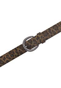 Läderskärp med leopardmönster i bruna nyanser och en strukturerad väv. Har en spänne i silverfärgad metall och två justerbara hål.