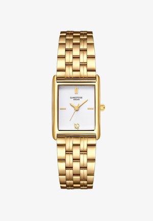 Goldenes rechteckiges Armband mit einem strukturierten weißen Ziffernblatt, goldenen Zeigern und einem Mesh-Armband. Der Markenname und das Logo sind auf dem Ziffernblatt sichtbar.