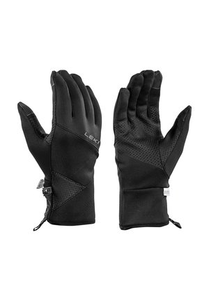 Pair of black insulated gloves with textured grip patterns on palms and fingers, zipper on wrist, and branded fabric tags.