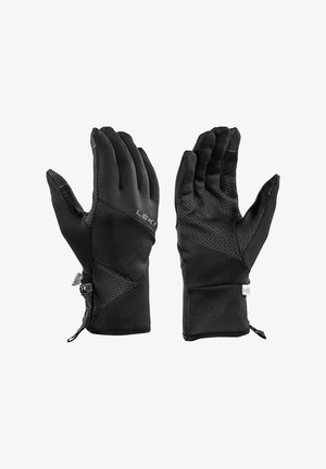 Pair of black insulated gloves with textured grip patterns on palms and fingers, zipper on wrist, and branded fabric tags.