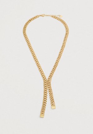 Χρυσή διπλή αλυσίδα με κούμπωμα καβουριού και ρυθμιζόμενο εξάρτημα, που διαθέτει δύο επίπεδες πλευρές που κρέμονται μπροστά.