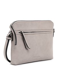Gray leather clutch bag with a textured finish, featuring a black zipper, two compartments, and a detachable strap. Minimalist design.