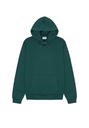 Ciemnozielona bluza z kapturem, wykonana z miękkiego materiału, z przednią kieszenią, troczkami oraz subtelnym haftowanym logo na piersi.