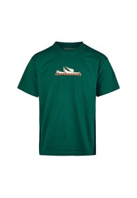 Green short-sleeve T-shirt made of cotton, featuring a central graphic with a bird design and the text "CLEPTOMANICX" in orange.