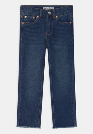 Mørkeblå cowboybukser i denim med lige ben, afkortet kant, fem lommer og detaljer i kobberfarvet metal.