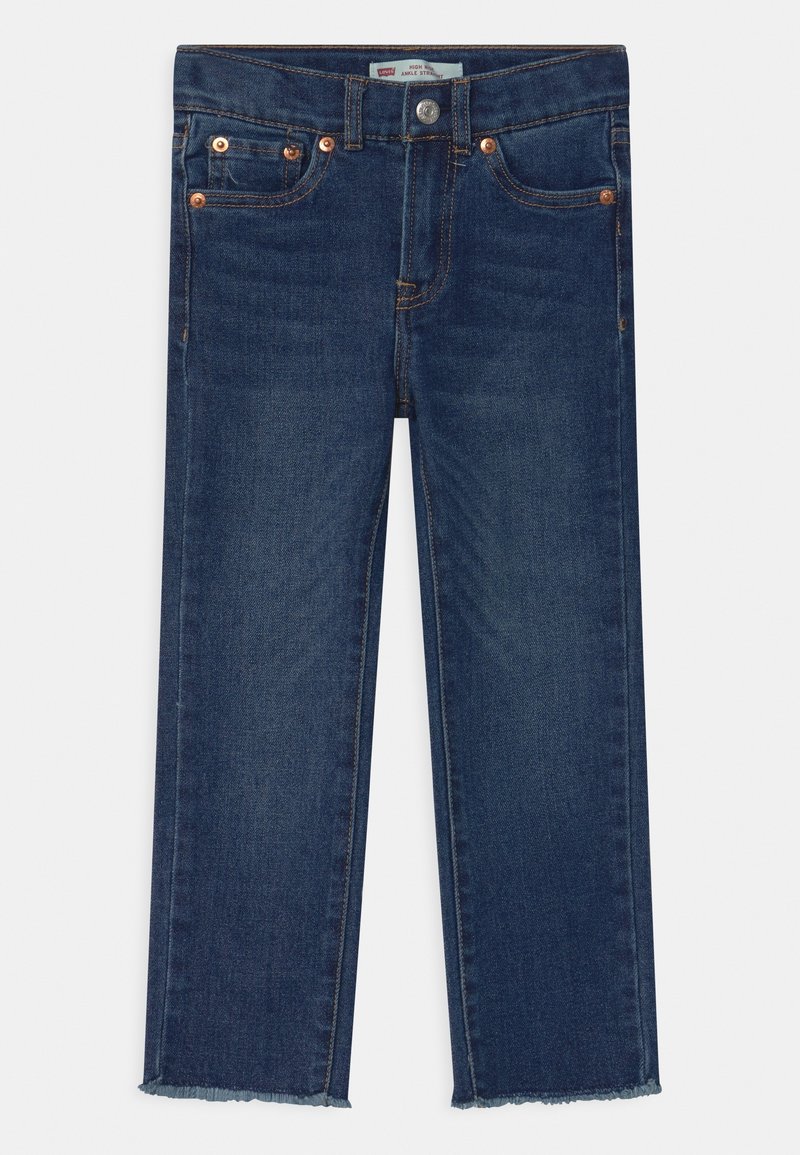 Jean en denim bleu foncé avec une coupe droite, ourlet raccourci, cinq poches et détails en métal ton cuivre.