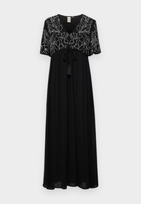 Rochie maxi neagră cu mâneci scurte, decolteu în V și broderie florală albă detaliată. Finalizată cu un șnur și accente cu ciucuri.