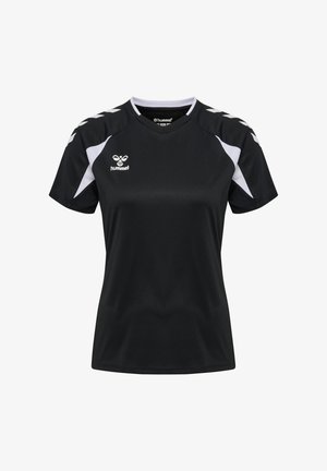 Zwart Hummel sportshirt met witte chevronpatronen op de schouders en witte panelen onder de korte mouwen, weergegeven in vooraanzicht.