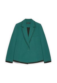 Blazer turchese con design strutturato, caratterizzato da accenti neri con borchie lungo il colletto e chiusura con un solo bottone. Tessuto testurizzato.