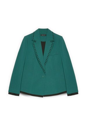 Teal blazer met een gestructureerd ontwerp, voorzien van zwarte studs als accenten langs de kraag en een enkele knoopsluiting. Textuurstof.