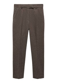 Pantalon marron sur mesure en tissu texturé. Caractérisé par une coupe slim, des passants pour ceinture et deux poches latérales. Design avant uni.