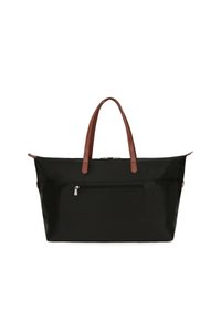 Borsa a tracolla nera con manici in pelle marrone, chiusura con zip e tasca frontale. Realizzata in tessuto resistente con una superficie liscia.