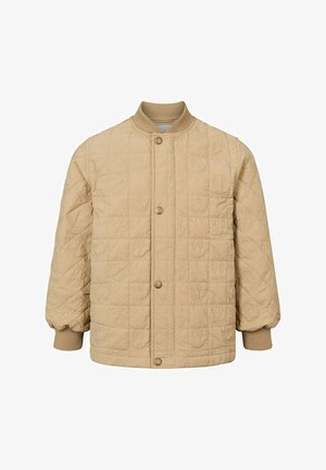 Béžová prošívaná bunda s kulatým límcem, předními patentními knoflíky a strukturovaným vzorem s prošitými motivy. Žebrované manžety a lem.