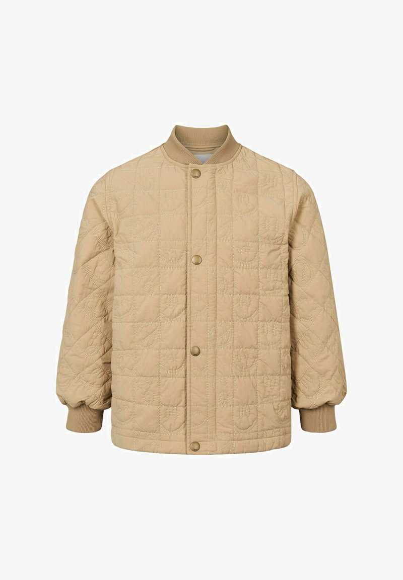 Veste matelassée beige avec col rond, boutons-pression à l'avant, et motif texturé avec des dessins cousus. Poignets et ourlet côtelés.
