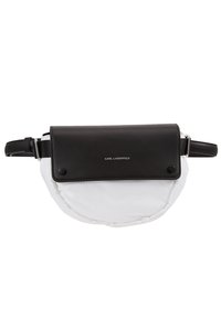 Borsa a mano in pelle nera con fondo imbottito bianco, pattina superiore e tracolla regolabile. Presenta il logo "KARL LAGERFELD" sul davanti.