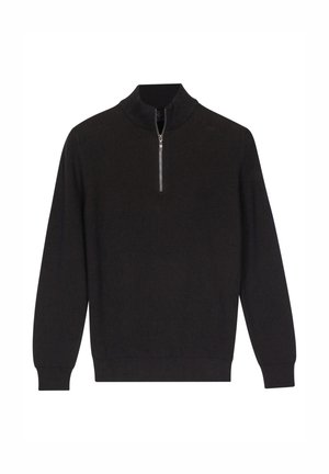 Zwarte geribbelde trui met een hoge kraag en korte ritssluiting. Lange mouwen en aansluitende manchetten. Zachte textuur, minimalistisch ontwerp.