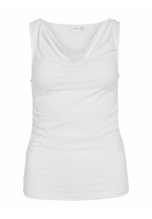 Valkoinen hihaton paita, jossa on laskostettu kaula-aukko, rypistyneet sivut ja sileä kangas. Sisältää etikettitagin kaula-aukon lähellä.