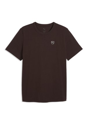 T-shirt noir uni à manches courtes avec un petit logo Puma blanc sur la poitrine gauche, présenté sur fond blanc.
