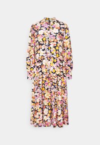 Robe florale à manches longues et col, avec un fond noir et des motifs de fleurs colorées. Ourlet en volants superposés.