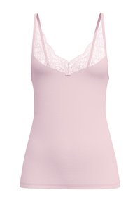 Pink camisole with lace trim on the neckline and adjustable spaghetti straps. Soft, stretchy fabric with a fitted silhouette.