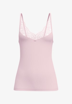 Pink camisole with lace trim on the neckline and adjustable spaghetti straps. Soft, stretchy fabric with a fitted silhouette.
