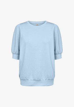 Sudadera azul claro de manga corta con cuello redondo, mangas abullonadas fruncidas y cintura ajustada. Hecha de tela suave y lisa.