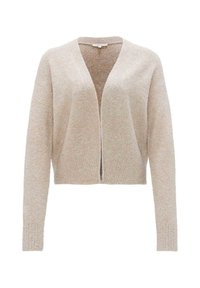 Cardigan beige chiaro realizzato in materiale morbido e testurizzato. Presenta un collo a V, maniche lunghe e un design aperto davanti. Dettaglio di leggera lucentezza.