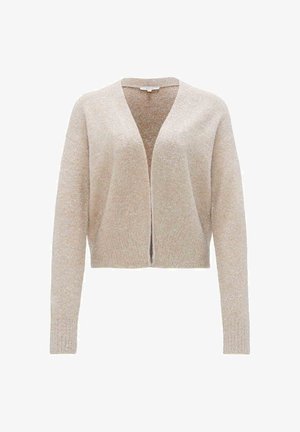 Cardigan beige chiaro realizzato in materiale morbido e testurizzato. Presenta un collo a V, maniche lunghe e un design aperto davanti. Dettaglio di leggera lucentezza.