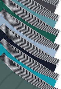 Σετ από πολύχρωμες υφασμάτινες λωρίδες, με αποχρώσεις πράσινου, μπλε και γκρι. Κάθε λωρίδα έχει μια ασπρόμαυρη ριγέ ταινία.