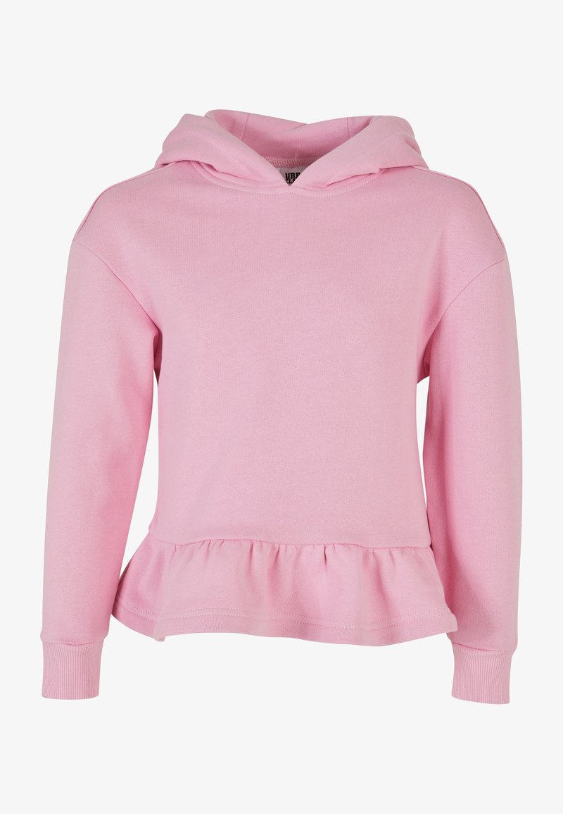Sweat à capuche rose pâle à manches longues avec ourlet froncé et poignets côtelés, conçu pour un usage décontracté.