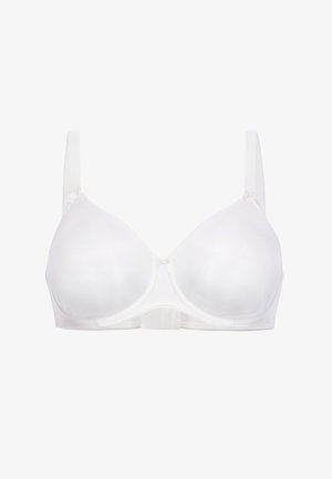 Witte beha met gladde, gevormde cups, verstelbare bandjes en een delicate strik detail in het midden. Bevat een haak-en-oog sluiting aan de achterkant.