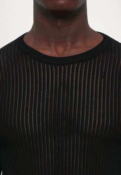 Κοντινό πλάνο του λαιμού και του άνω στήθους ενός ατόμου που φοράει μια μαύρη ανάγλυφη πλέξη τοπ με στρογγυλή λαιμόκοψη.