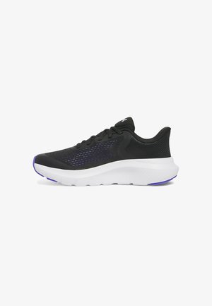 Black athletic shoe with a breathable mesh upper and purple accents. Lightweight foam sole, curved shape, and textured design for grip.