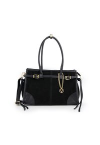 Sac à main en cuir suédé noir avec des accents en cuir, double poignées, bandoulière amovible et chaîne dorée avec un détail de logo. Forme rectangulaire.